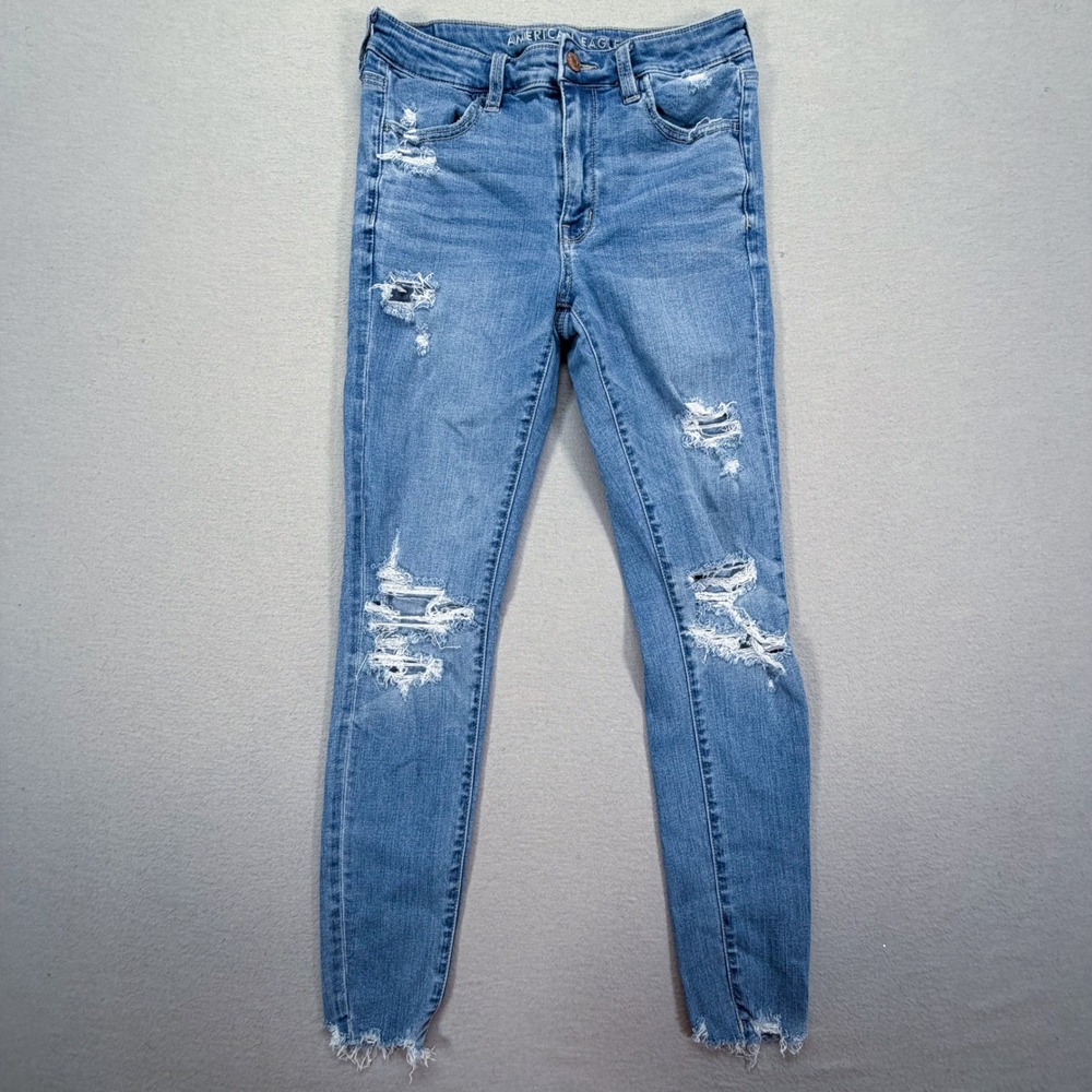 American Eagle Womens Jegging High Rise Blue Distressed Raw Hem Size 6